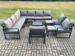 Fimous Aluminium Outdoor Garden Furniture Set Lounge Corner Sofa 3 Pcs Chair Square Coffee Table Sets with 2 Small Footstools Dark Grey - thumbnail 2