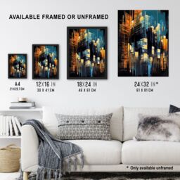 Artery8 Downtown Motown Skyscraper Architectural Blue Orange Painting Modern New York Artwork Framed Wall Art Print A4 in Black - thumbnail 3