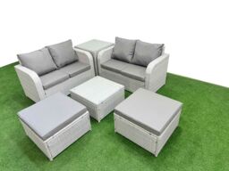 Fimous 6 Seater Outdoor Love Sofa Set Rattan Garden Furniture Set with Square Coffee Table 2 Footstool Side Table Light Grey - thumbnail 1
