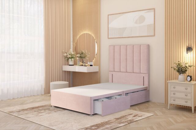 "Somnior Austin 4 Drawer Divan Bed Base & 54"" Floor Standing Headboard Velvet in Pink - Size: Small Double" - image 1