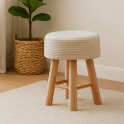 Orsina Durable White Cotton Rope Stool, Stylish Kitchen Stool For Bedroom, Versatile Design Bar Stool For Guests