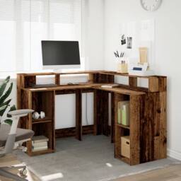 Berkfield Home Desk with LED Lights Old Wood 130x130x91 cm Engineered Wood in Brown - Size: 130 x 130 x 91 cm - thumbnail 4