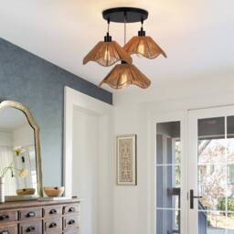 NIVOR 3 Light Boho Chandelier Light Fixture, Farmhouse Rattan Pendant Light in Brown - thumbnail 7