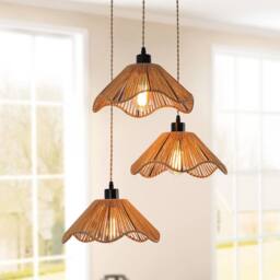 NIVOR 3 Light Boho Chandelier Light Fixture, Farmhouse Rattan Pendant Light in Brown - thumbnail 1