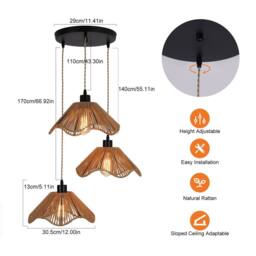 NIVOR 3 Light Boho Chandelier Light Fixture, Farmhouse Rattan Pendant Light in Brown - thumbnail 2