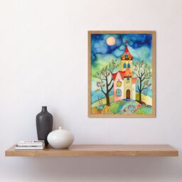 "Artery8 Wall Art Print Countryside Chapel Folk Art Watercolour Painting Art Framed in Light Oak - Size: W12"" x H16""" - thumbnail 2