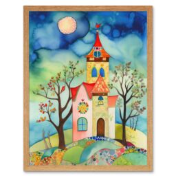 "Artery8 Wall Art Print Countryside Chapel Folk Art Watercolour Painting Art Framed in Light Oak - Size: W12"" x H16""" - thumbnail 1