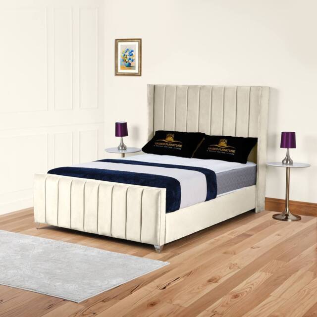UK Bed Furniture Empire Winged Slatted Base Upholstered Bed with 48 Inch Headboard in Cream - Size: Double - image 1