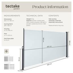 tectake Extendable Side Awning with Roll-up Mechanism, Opaque in Grey - Size: 300 cm x 180 cm - thumbnail 6