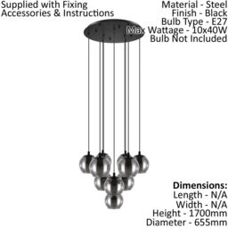 Loops Pendant Light Colour Black Shade Black Transparent Glass Vaporized E27 10x40W - thumbnail 2