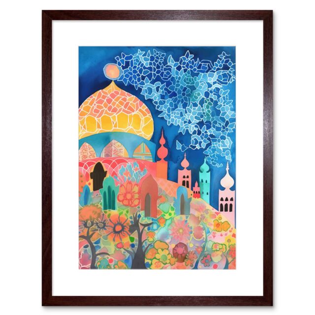 "Artery8 Wall Art Print Islamic Mosque At Night Folk Art Watercolour Painting Artwork Framed 9X7 Inch in Brown - Size: W7"" x H9""" - image 1