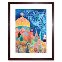 "Artery8 Wall Art Print Islamic Mosque At Night Folk Art Watercolour Painting Artwork Framed 9X7 Inch in Brown - Size: W7"" x H9""" - thumbnail 1