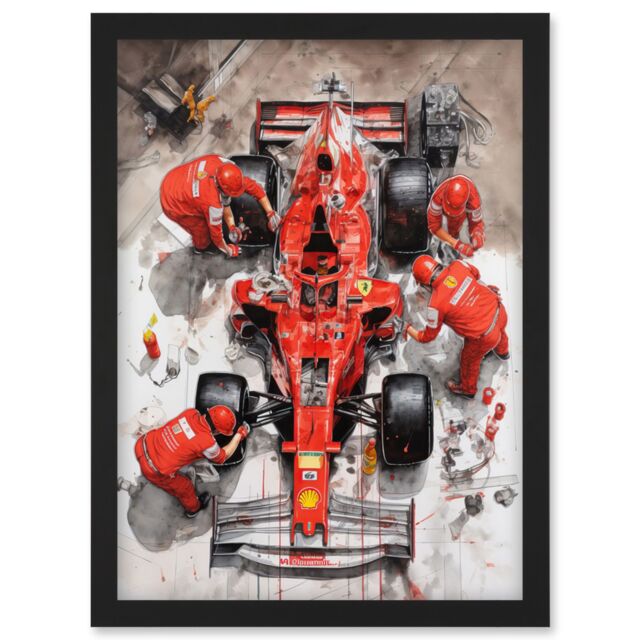 Artery8 Grand Prix Race Car Wheel Change Aerial Shot Artwork Framed Wall Art Print A4 in Black - image 1