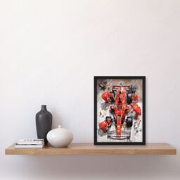 Artery8 Grand Prix Race Car Wheel Change Aerial Shot Artwork Framed Wall Art Print A4 in Black - thumbnail 2