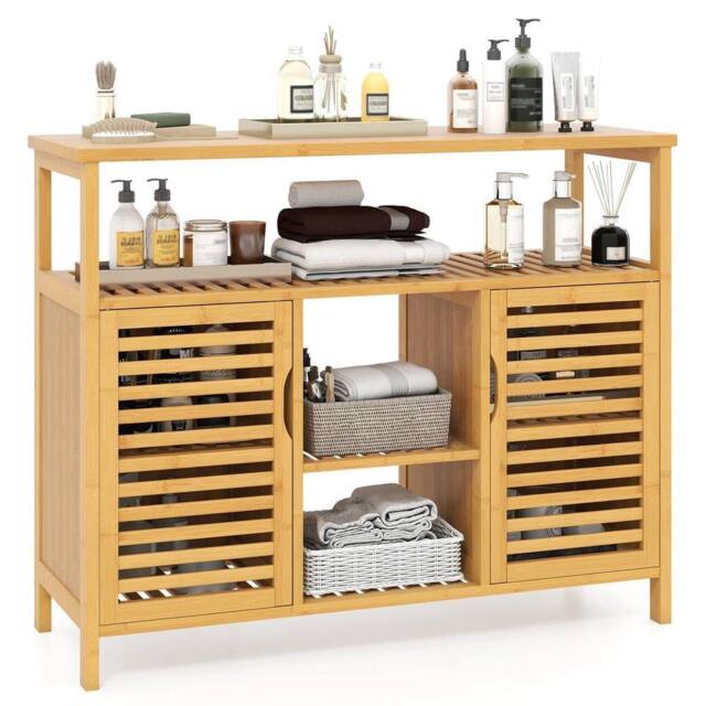 Kelvenix Bamboo Bathroom Cabinet 2-Door Storage in Brown - image 1