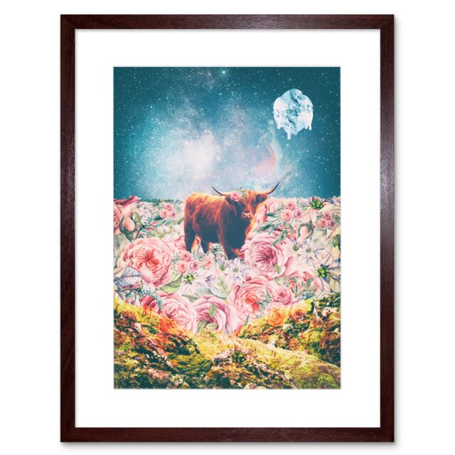 "Artery8 Wall Art Print Scottish Highland Hairy Coo Trippy Psychedelic Landscape Space Framed Art in Brown - Size: W7"" x H9""" - image 1