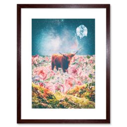 "Artery8 Wall Art Print Scottish Highland Hairy Coo Trippy Psychedelic Landscape Space Framed Art in Brown - Size: W7"" x H9""" - thumbnail 1