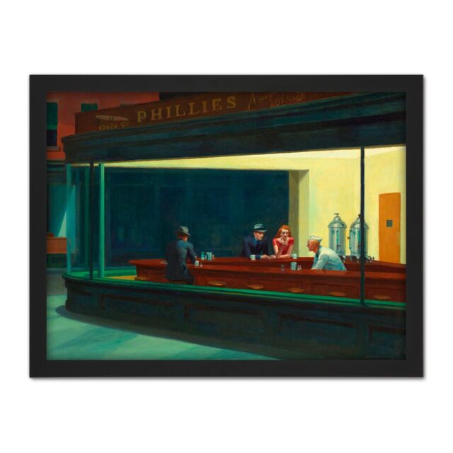 "Artery8 Wall Art Print Hopper Nighthawks Iconic Painting Large Framed Wall Décor Art in Black - Size: W18"" x H24""" - image 1