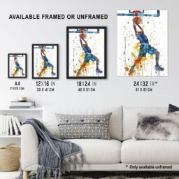 "Artery8 Basketball Player Slam Dunk Sport Watercolour Framed Wall Art in White - Size: W12"" x H16""" - thumbnail 3