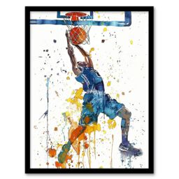"Artery8 Basketball Player Slam Dunk Sport Watercolour Framed Wall Art in White - Size: W12"" x H16""" - thumbnail 1