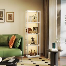 HOMCOM LED Floor Lamp with Glass Shelves, Dimmable Room Lamp, Bleached Oak in Light Oak