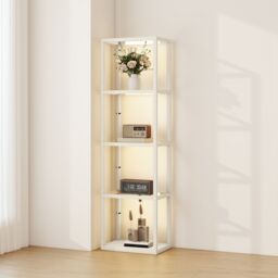 HOMCOM LED Floor Lamp with Glass Shelves, Dimmable Room Lamp, Bleached Oak in Light Oak - thumbnail 2
