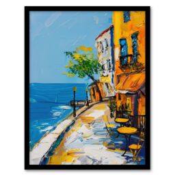 Artery8 French Seaside Town Cafe Street Oil Painting Framed Art Print in Blue - Size: A4 - thumbnail 1