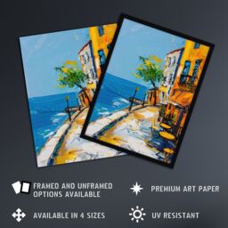 Artery8 French Seaside Town Cafe Street Oil Painting Framed Art Print in Blue - Size: A4 - thumbnail 2