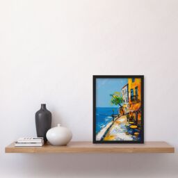 Artery8 French Seaside Town Cafe Street Oil Painting Framed Art Print in Blue - Size: A4 - thumbnail 4