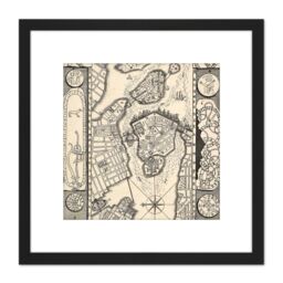 Artery8 Hogarth La Mottraye Stockholm Sweden City Plan Map 8X8 Inch Square Wooden Framed Wall Art Print Picture with Mount in Black - thumbnail 1