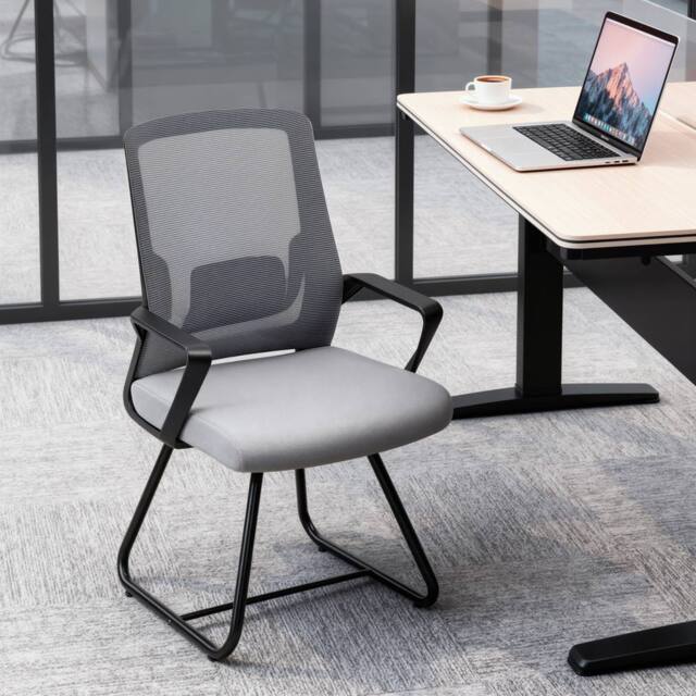 HOMCOM Desk Chair No Wheels, Meeting Chair with Mesh Back for Waiting Room in Dark Grey - image 1