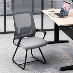 HOMCOM Desk Chair No Wheels, Meeting Chair with Mesh Back for Waiting Room in Dark Grey - thumbnail 1