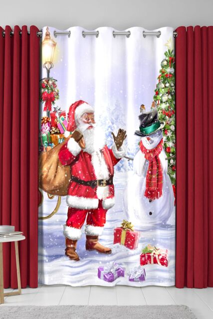 Fusion 'Santa & Snowy' Christmas Scene Eyelet Single Panel Door Curtain - Size: 137 cm width x 213 cm drop - image 1