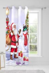 Fusion 'Santa & Snowy' Christmas Scene Eyelet Single Panel Door Curtain - Size: 137 cm width x 213 cm drop - thumbnail 3