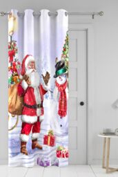 Fusion 'Santa & Snowy' Christmas Scene Eyelet Single Panel Door Curtain - Size: 137 cm width x 213 cm drop - thumbnail 2