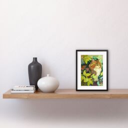 "Artery8 Wall Art Print Ginger Cat Hiding in the Bush Tree Modern Colourful Artwork Framed 9X7 Inch in Black - Size: W7"" x H9""" - thumbnail 2