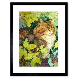 "Artery8 Wall Art Print Ginger Cat Hiding in the Bush Tree Modern Colourful Artwork Framed 9X7 Inch in Black - Size: W7"" x H9""" - thumbnail 1
