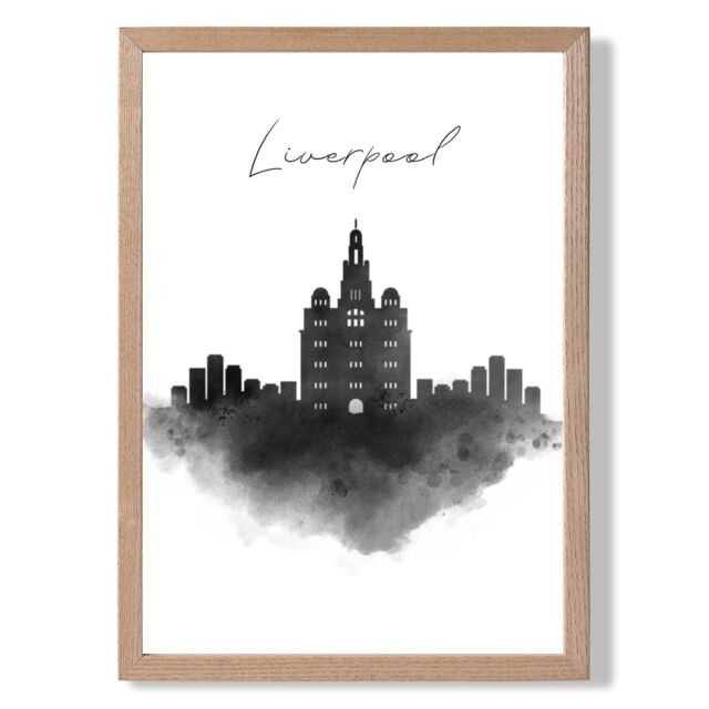 ARTZE Liverpool Watercolour Skyline City Framed Print SIZE: A2 with Oak Frame in Black - Size: A4 - image 1