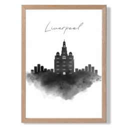 ARTZE Liverpool Watercolour Skyline City Framed Print SIZE: A2 with Oak Frame in Black - Size: A4