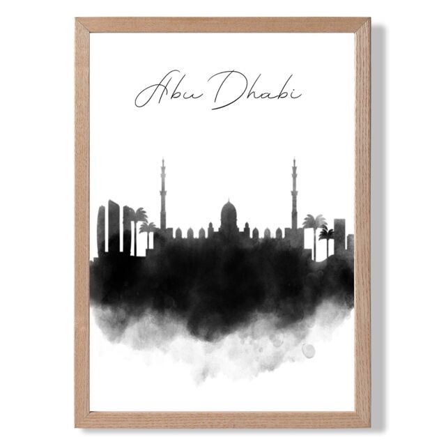 ARTZE Abu Dhabi Watercolour Skyline City Framed Print SIZE: A3 with Oak Frame in Black - Size: A4 - image 1