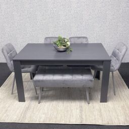 KOSY KOALA Dining Table & 4 Chairs With Bench Dark Grey, 4 Grey Velvet Chairs Wood Dining Set Furniture in Brown - thumbnail 3