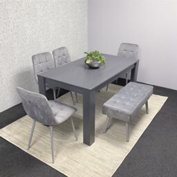 KOSY KOALA Dining Table & 4 Chairs With Bench Dark Grey, 4 Grey Velvet Chairs Wood Dining Set Furniture in Brown - thumbnail 1