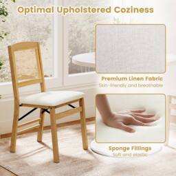 Costway 2PCS Folding Dining Chairs Rubber Wood Chairs w/ Linen Padded Seat in Natural - thumbnail 3