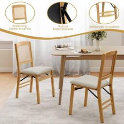 Costway 2PCS Folding Dining Chairs Rubber Wood Chairs w/ Linen Padded Seat in Natural - thumbnail 2