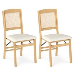 Costway 2PCS Folding Dining Chairs Rubber Wood Chairs w/ Linen Padded Seat in Natural - thumbnail 1