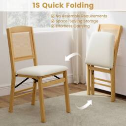 Costway 2PCS Folding Dining Chairs Rubber Wood Chairs w/ Linen Padded Seat in Natural - thumbnail 6