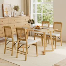 Costway 2PCS Folding Dining Chairs Rubber Wood Chairs w/ Linen Padded Seat in Natural - thumbnail 5