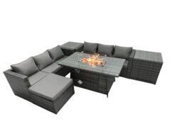 Fimous Rattan Garden Furniture Firepit Dining Set 6 Seater Lounge Sofa Table Set with 2 Side Tables Footstool in Dark Grey - thumbnail 1