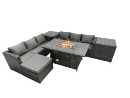 Fimous Rattan Garden Furniture Firepit Dining Set 6 Seater Lounge Sofa Table Set with 2 Side Tables Footstool in Dark Grey - thumbnail 2