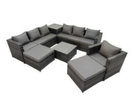 Fimous 9 Seater Garden Outdoor Rattan Furniture Set & Side Table 2 Big Stool in Dark Grey - thumbnail 2